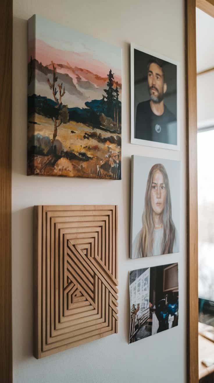 Artful_wall_decor Art on the wall featuring a landscape painting portraits and a geometric wooden piece