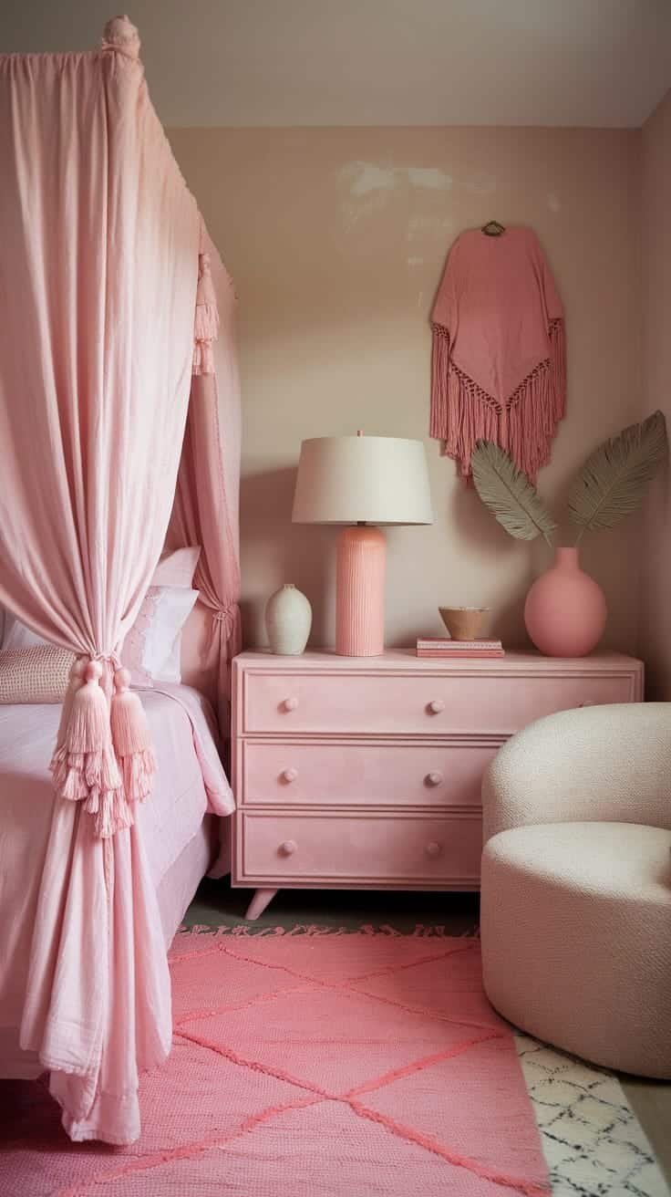Artisanmade_decor_items A beautifully styled pink boho bedroom with a bed draped in pink fabric a pastel lamp and artisan decor items