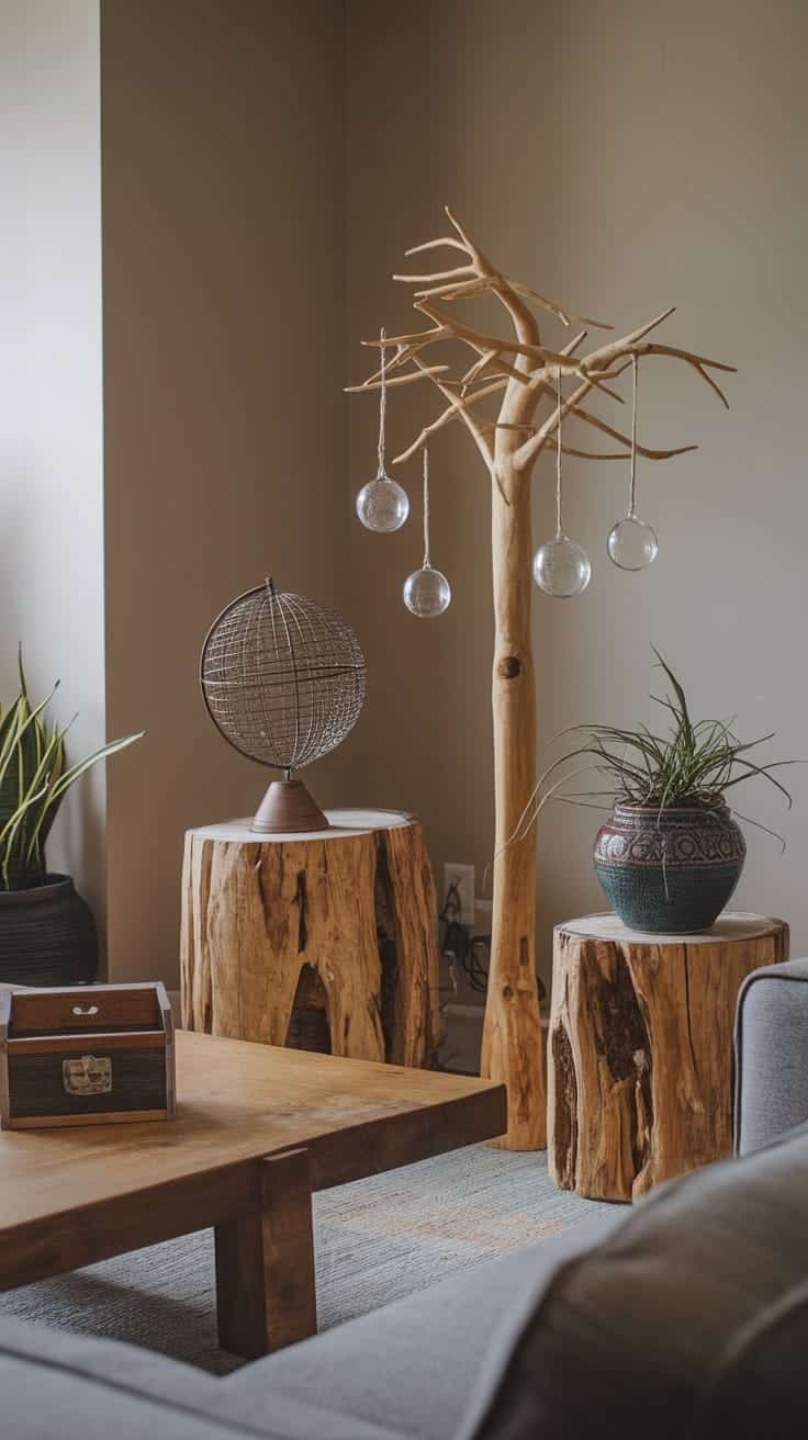 Artisan_craftsmanship_in_decor A cozy gypsy bohemian living room featuring a wooden tree decor piece a globe and potted plants on rustic wooden tables