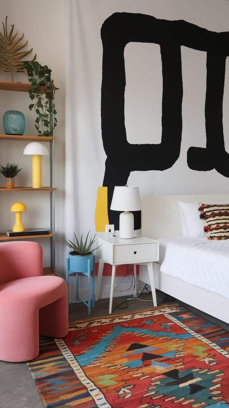 Artistic_bedroom_with_creative_wall_art A vibrant artistic bedroom featuring a bold wall art colorful furniture and decorative plants