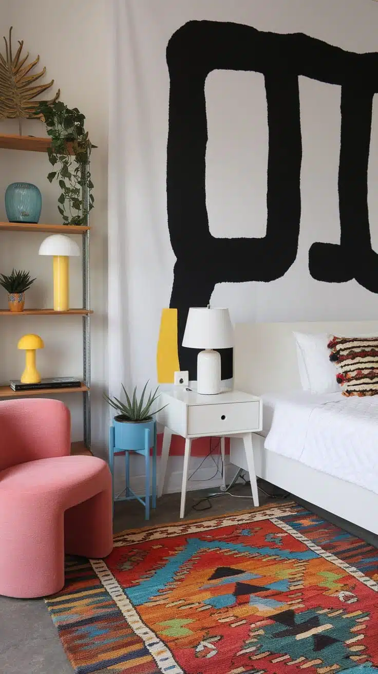 Artistic_bedroom_with_creative_wall_art A vibrant artistic bedroom featuring a bold wall art colorful furniture and decorative plants