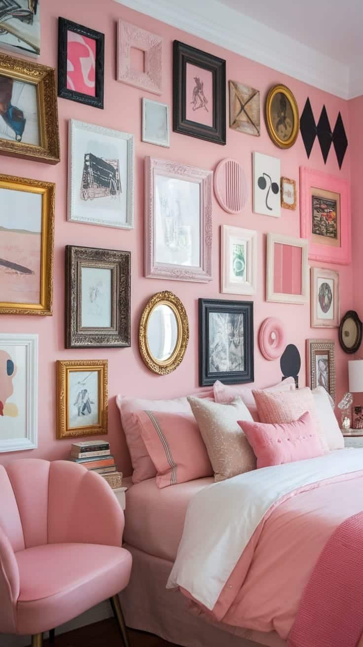 Artistic_gallery_wall A gallery wall featuring various art frames and styles in a pink boho bedroom