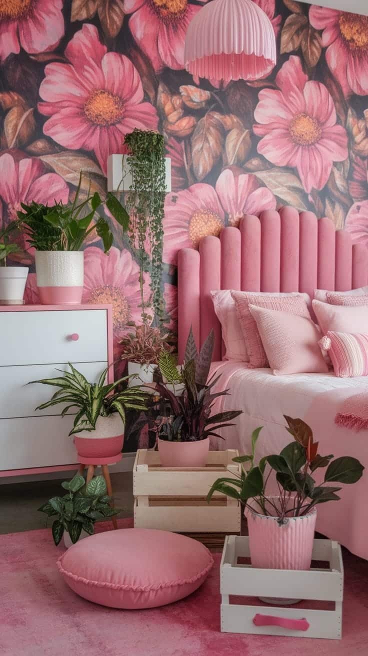 Artistic_plant_displays A pink boho bedroom featuring vibrant plants and floral wallpaper