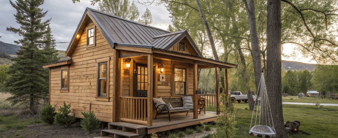 A photo of a rustic wooden cabin nestled in a serene wooded area The cabin is constructed from light brown wooden planks and has a sloping roof with a copper finish The setting is a peaceful countryside scene with a variety of trees a grassy lawn and a distant view of a road and a truck The lighting is soft with the cabins lights casting a warm glow against the natural backdrop The focus is on the cabin and its immediate surroundings