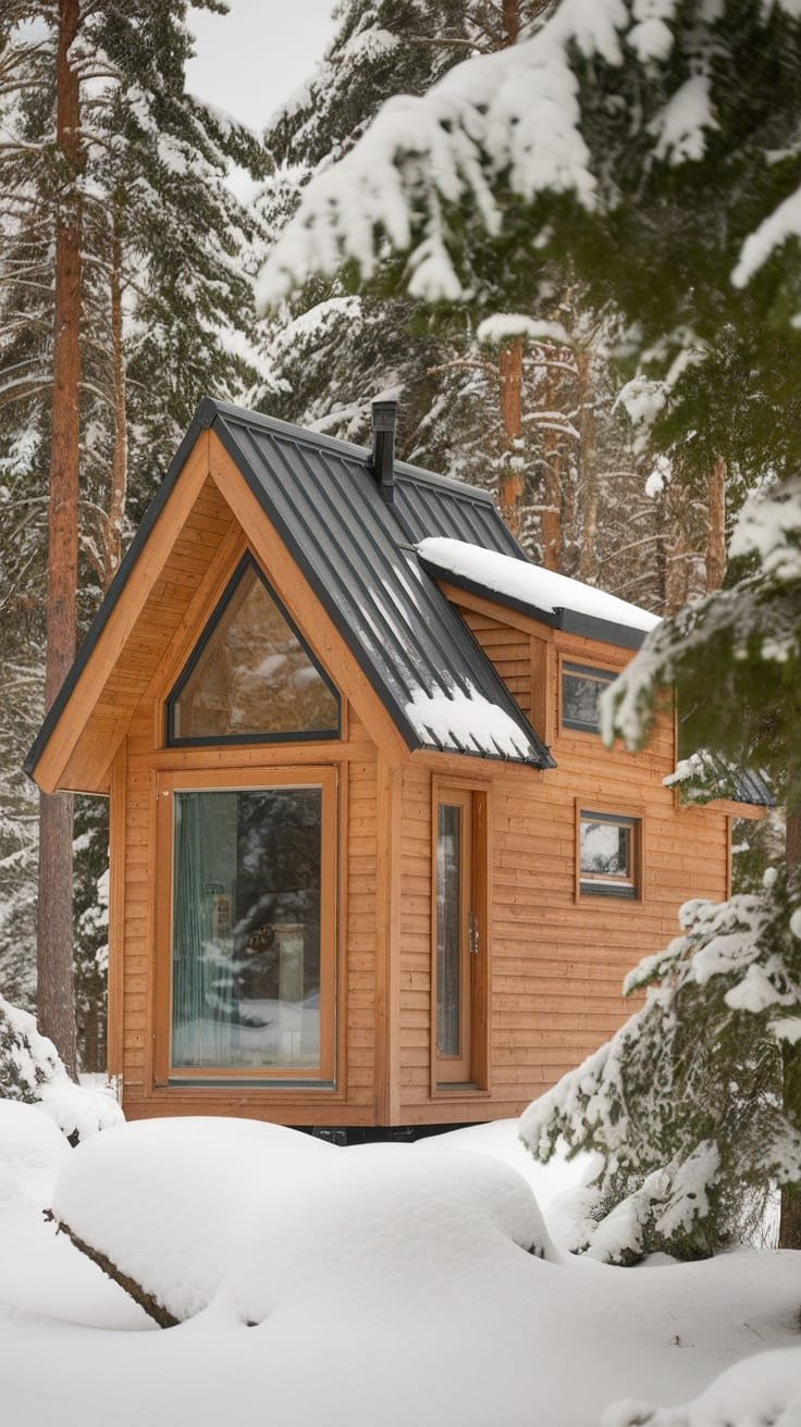 Aspens_climate_considerations_for_tiny_homes A cozy tiny home surrounded by snow covered trees in Aspen