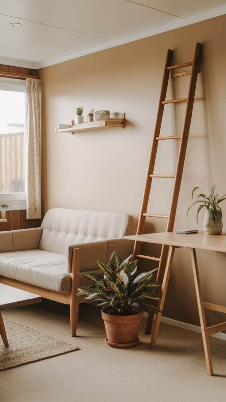 Balancing_minimalism_and_comfort Cozy interior of an aspen tiny home with a sofa ladder and potted plant