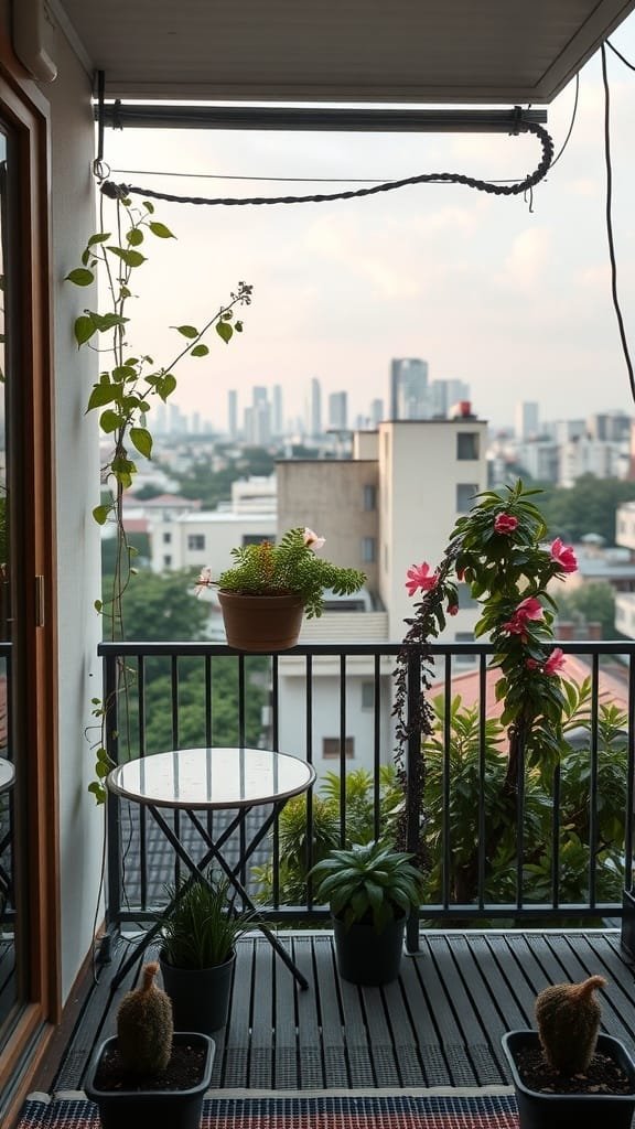 Balcony_gardens_for_urban_apartments A cozy balcony garden in a small Japanese apartment with plants and a table