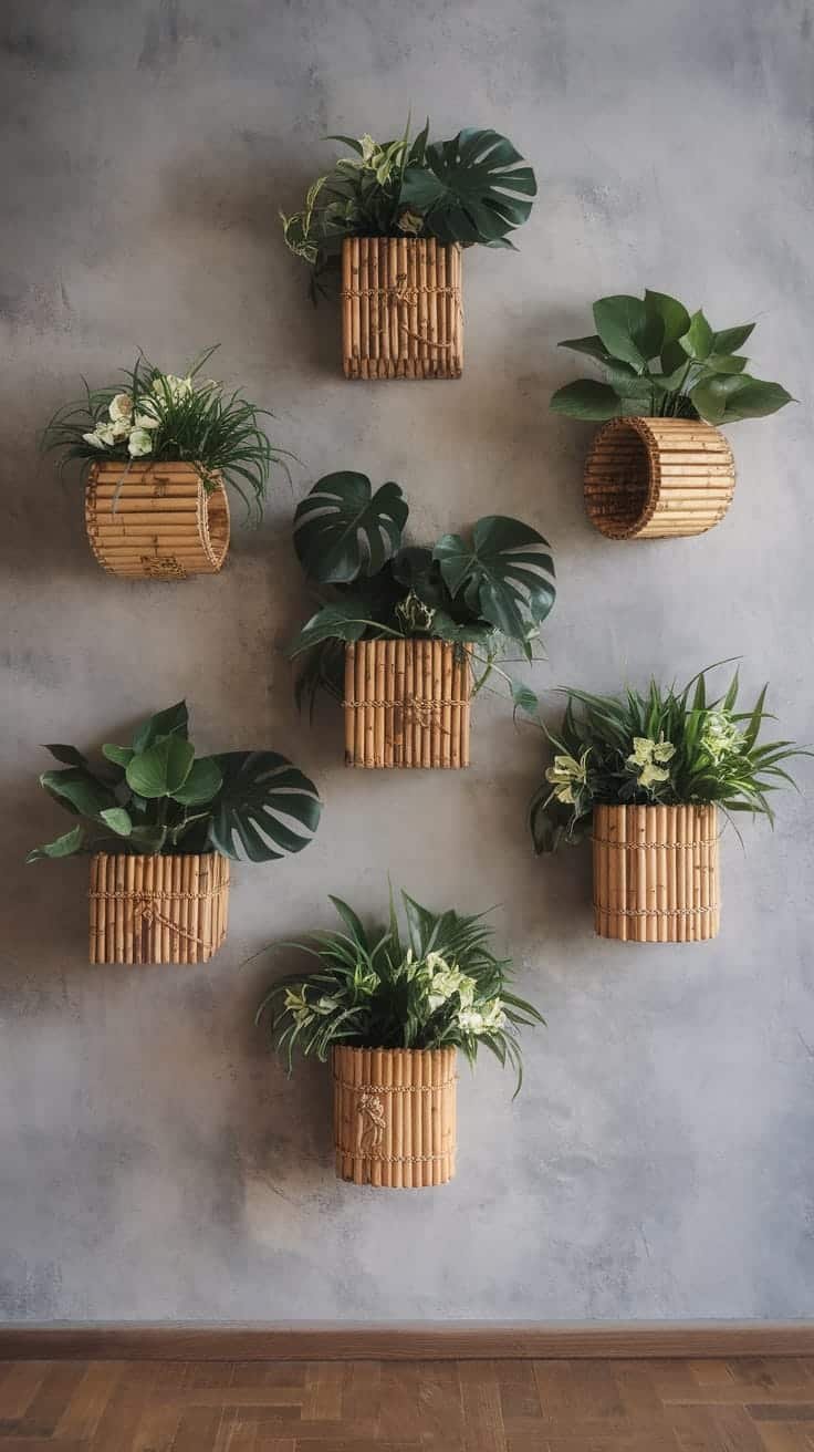 Bamboo_planters_for_unique_design Bamboo planters with various plants on a wall