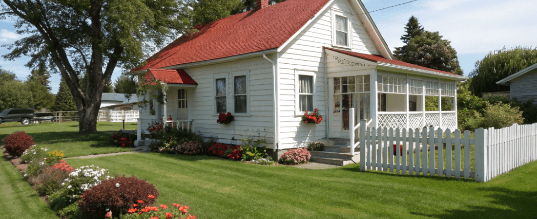 A photograph of a quaint rural scene featuring a single story vintage style house painted in a classic white with a vibrant red roof The house is situated in a well maintained residential area with a lush green lawn a variety of colorful flowers a white picket fence and mature trees providing a canopy of shade The sky above is clear with a few wispy clouds and the sunlight casts a warm glow on the scene The image is a photograph with natural lighting