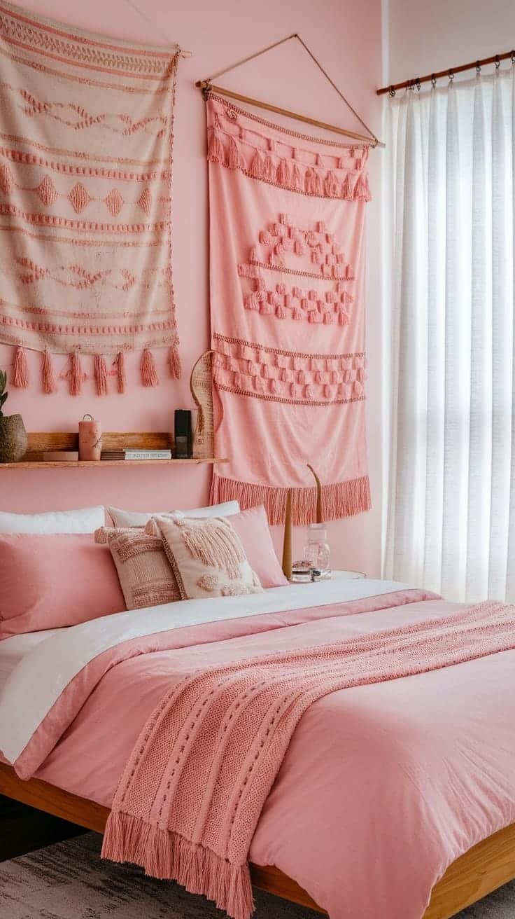 Bohemian_wall_tapestries Pink boho bedroom with wall tapestries and cozy decor
