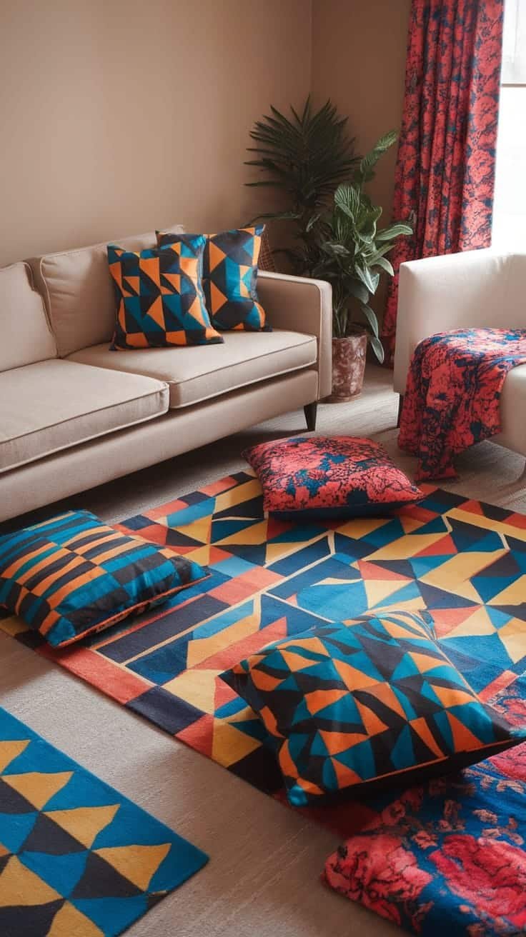 Bold_pattern_combinations A vibrant gypsy bohemian living room featuring bold patterns on pillows and rugs