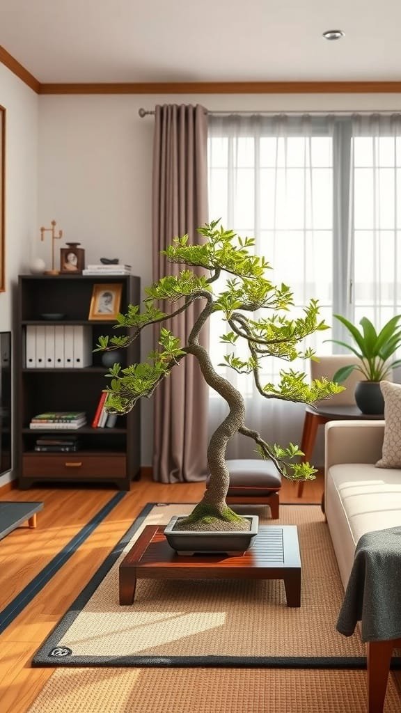 Bonsai_accents_in_apartment_decor A living room featuring a bonsai tree on a wooden table