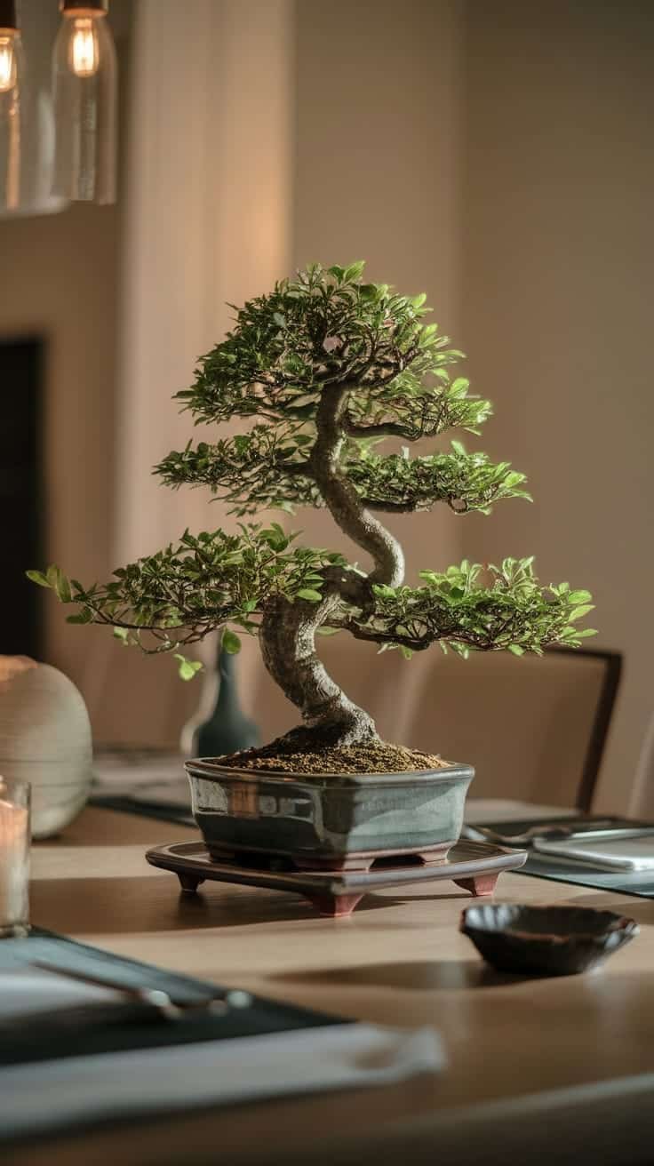 Bonsai_trees_as_centerpieces A beautifully styled bonsai tree as a centerpiece on a dining table