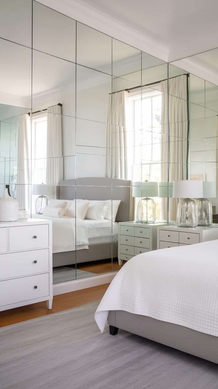 Bright_and_airy_bedroom_with_mirrors Bright bedroom featuring a mirror wall cozy bed and soft color palette