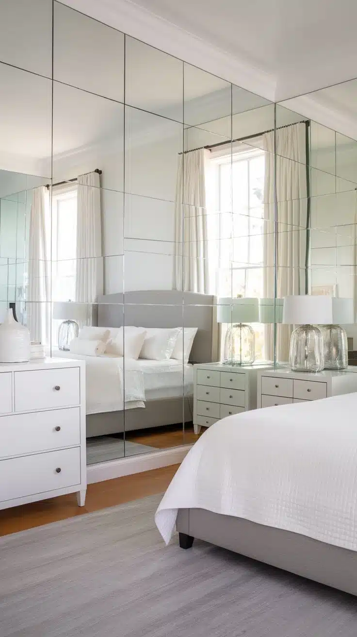Bright_and_airy_bedroom_with_mirrors Bright bedroom featuring a mirror wall cozy bed and soft color palette