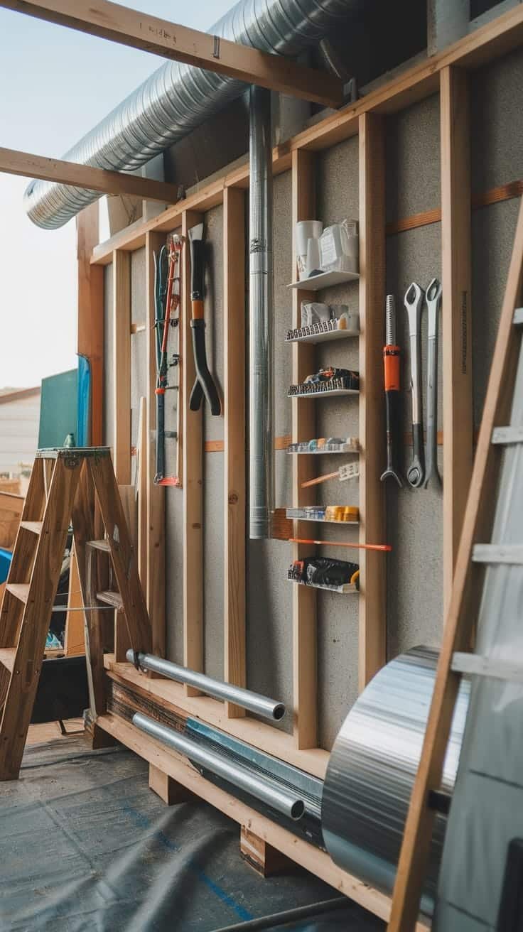 Budgetfriendly_building_options An organized workspace showing tools and materials for building a tiny house camper