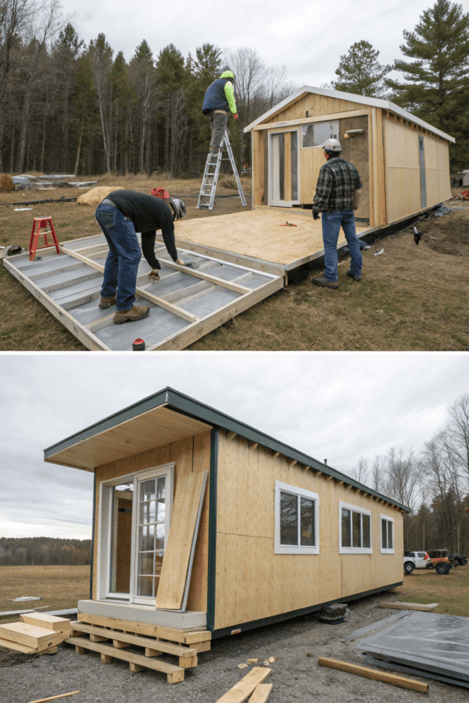 Building off grid cabin A series of images or a step by step collage illustrating the building process of the off grid cabin from delivery of materials to the final assembly