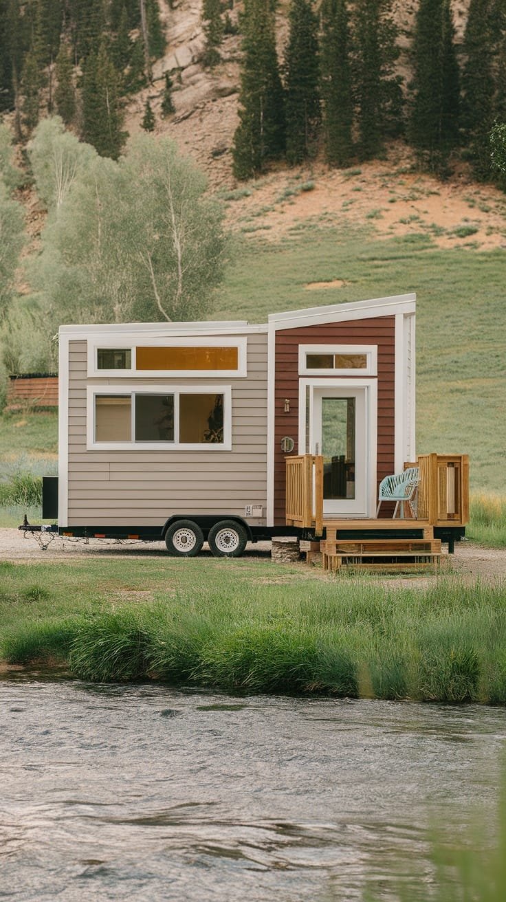 Building_a_tiny_home_on_wheels A cozy aspen tiny home on wheels beside a stream surrounded by trees and mountains