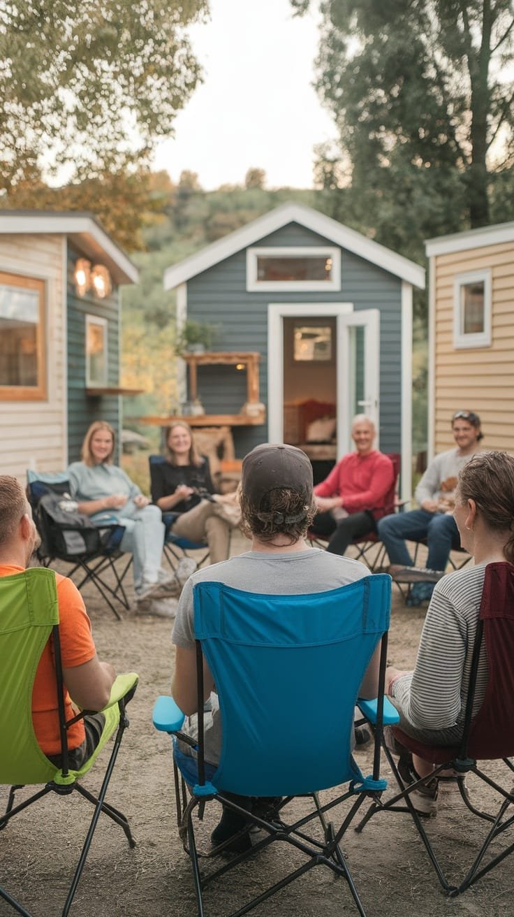 Building_community_around_tiny_house_living_2 A group of people sitting together around tiny house campers sharing stories and enjoying each other's company.