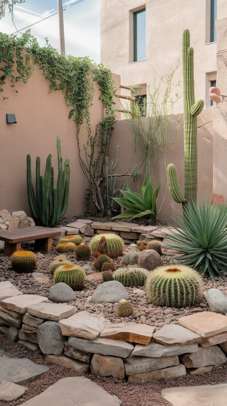 Cactus_gardens_for_low_maintenance A small cactus garden with various types of cacti and decorative stones