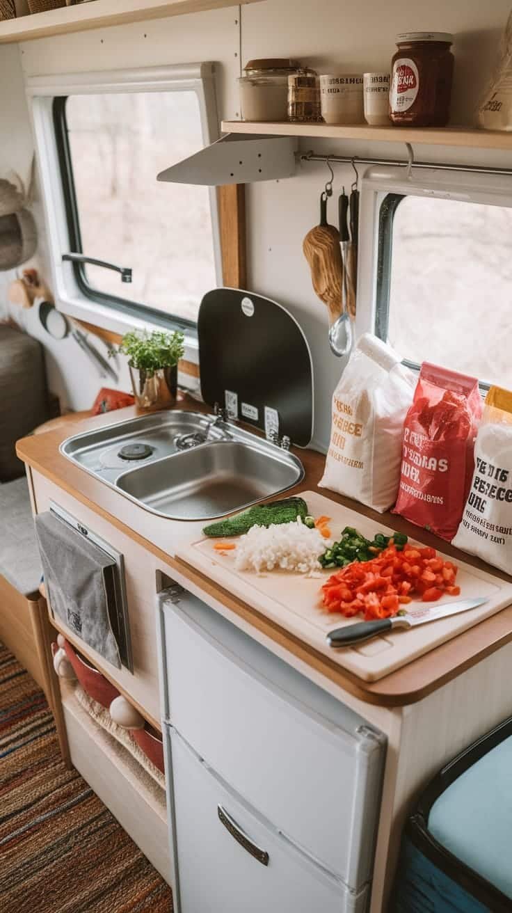 Camping_meal_prep_in_a_tiny_kitchen A tidy tiny house camper kitchen with fresh vegetables on a cutting board and ingredients in bags