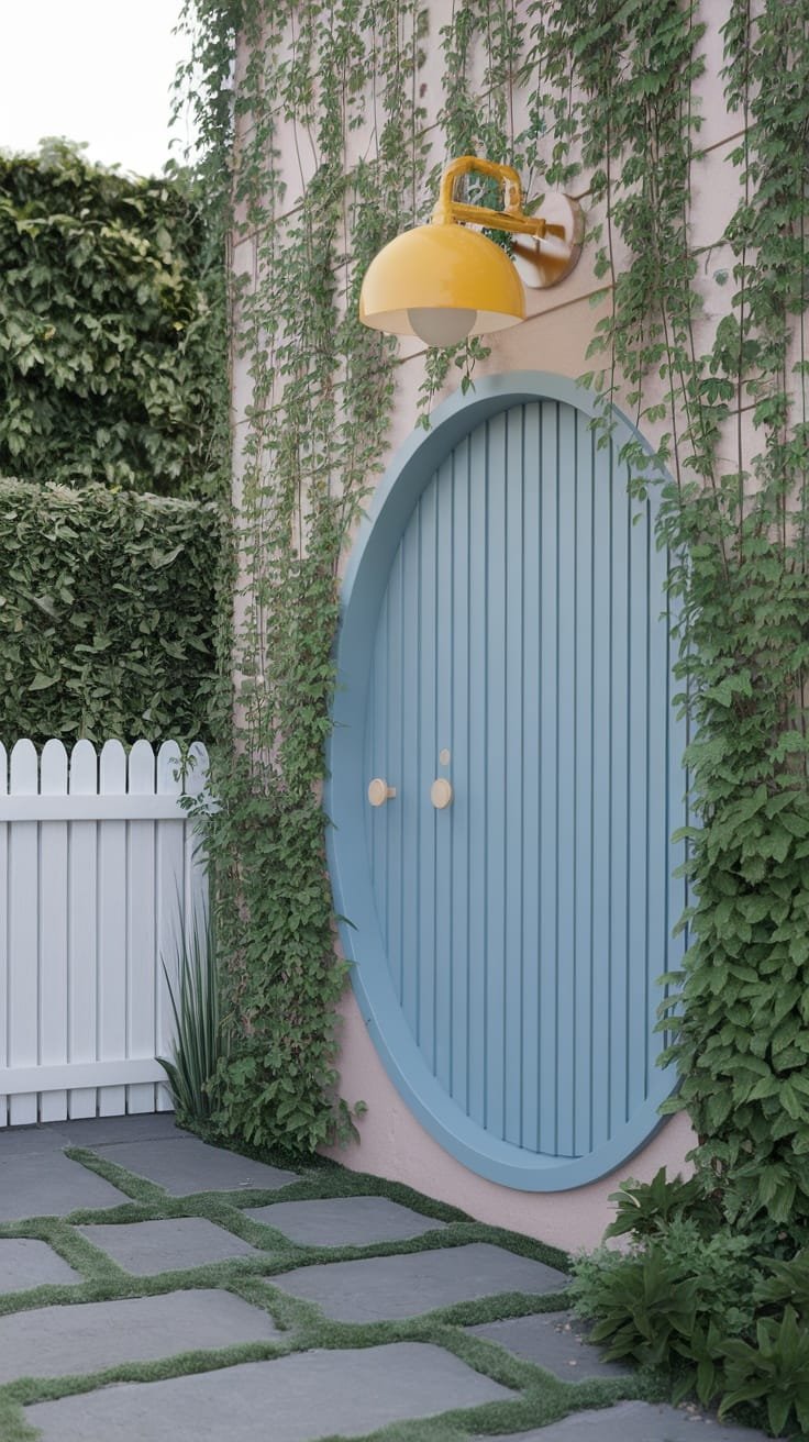 Captivating_entrance_designs A charming blue circular door surrounded by greenery with a yellow light above and a stone pathway