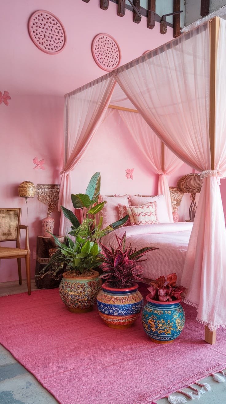 Ceramic_pot_planters A pink boho bedroom with ceramic pot planters containing various plants