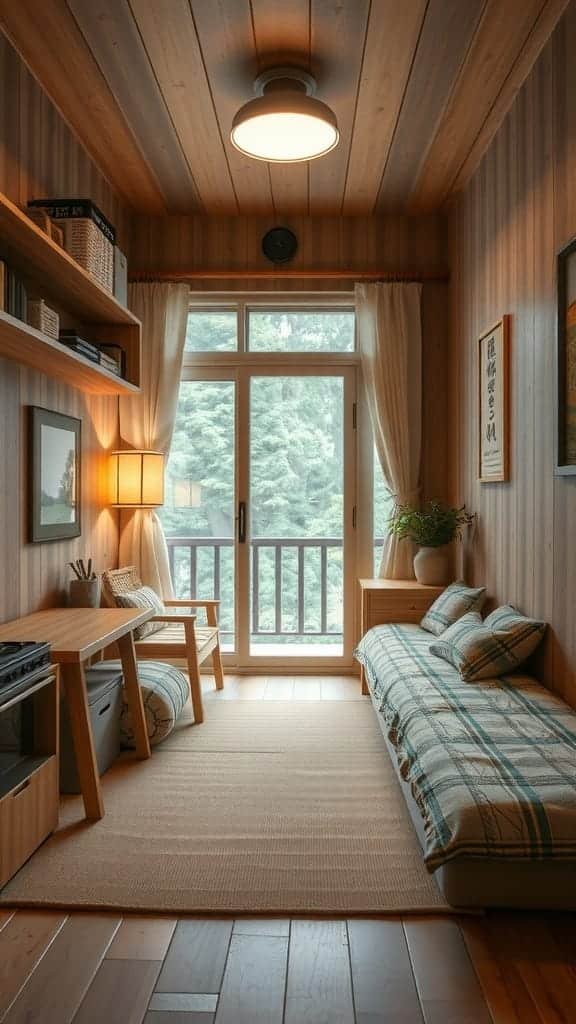 Challenges_and_solutions_in_tiny_house_living Interior of a tiny house in Japanese style featuring wood accents and a cozy atmosphere