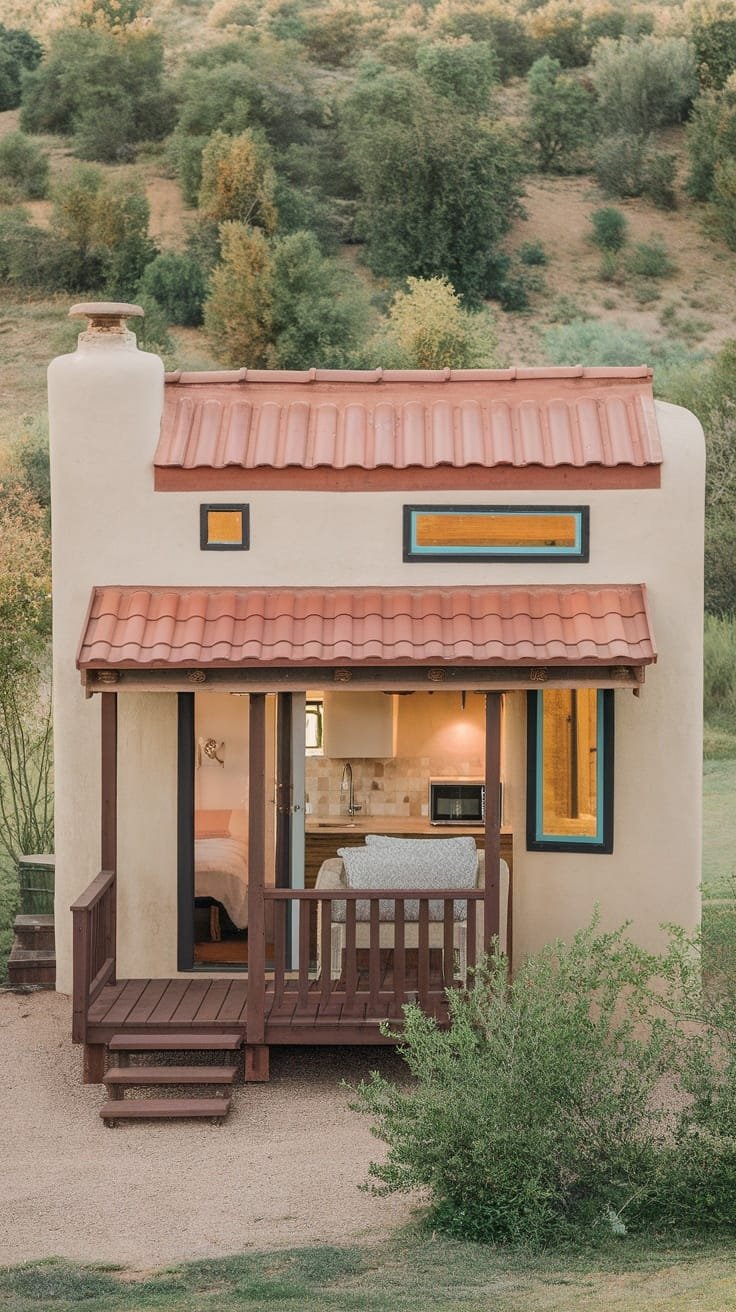 Charming_casa_spanish_adobe_influence A charming tiny house with a Spanish adobe influence featuring a red tiled roof and colorful windows surrounded by greenery