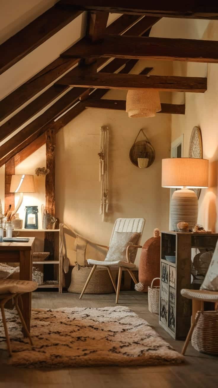 Charming_cottage_interiors Cozy cottage interior with wooden beams soft lighting and woven furniture