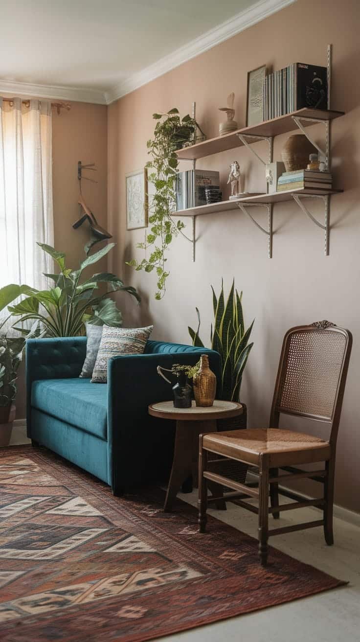Charming_seating_arrangements Cozy gypsy bohemian living room with a teal couch plants and a rustic table