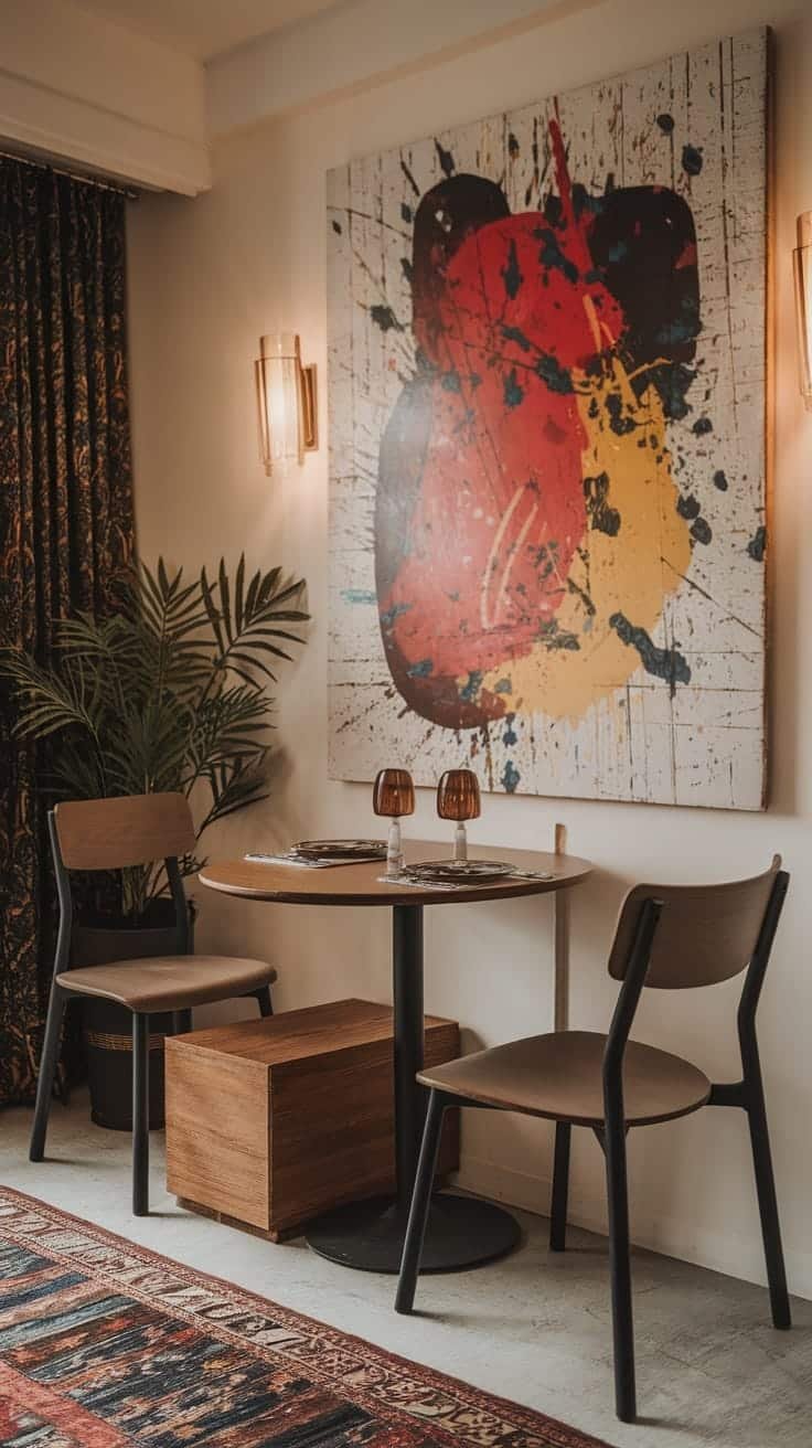 Chic_dining_areas_in_limited_spaces A stylish dining area with a round table two chairs colorful artwork and indoor plants