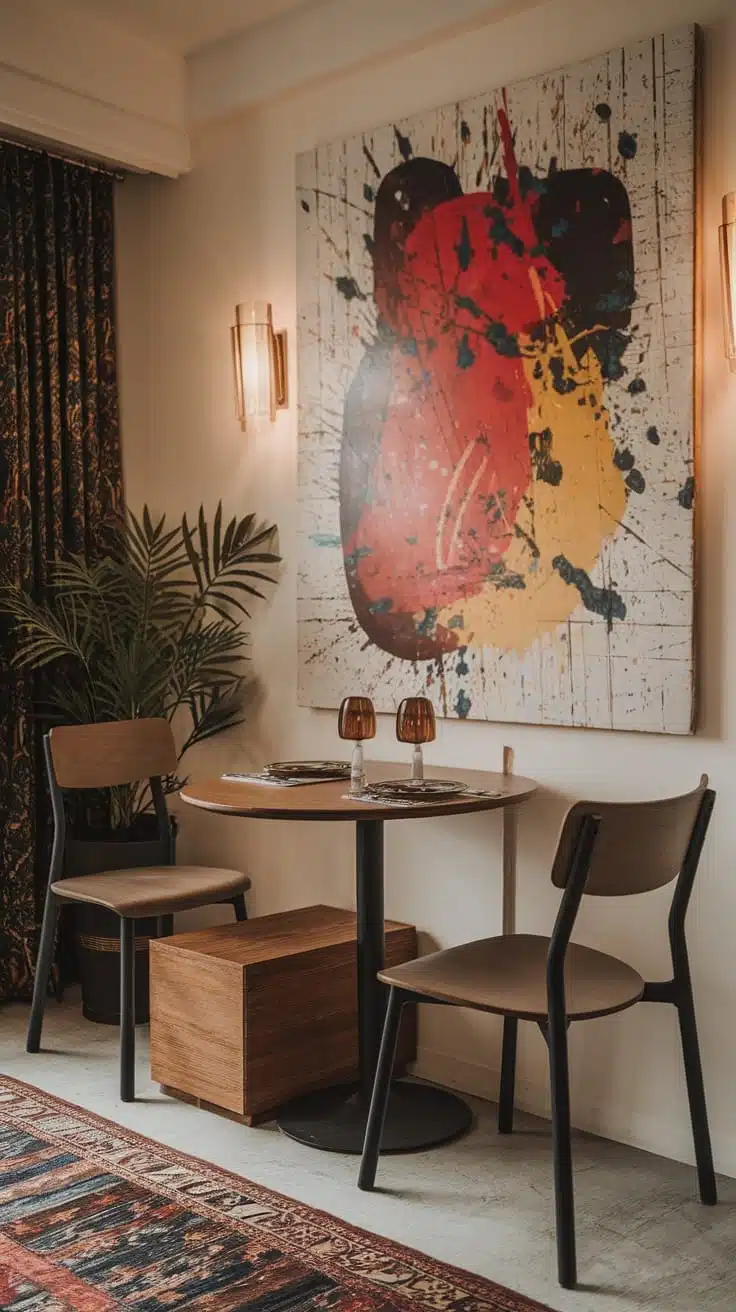 Chic_dining_areas_in_limited_spaces A stylish dining area with a round table two chairs colorful artwork and indoor plants