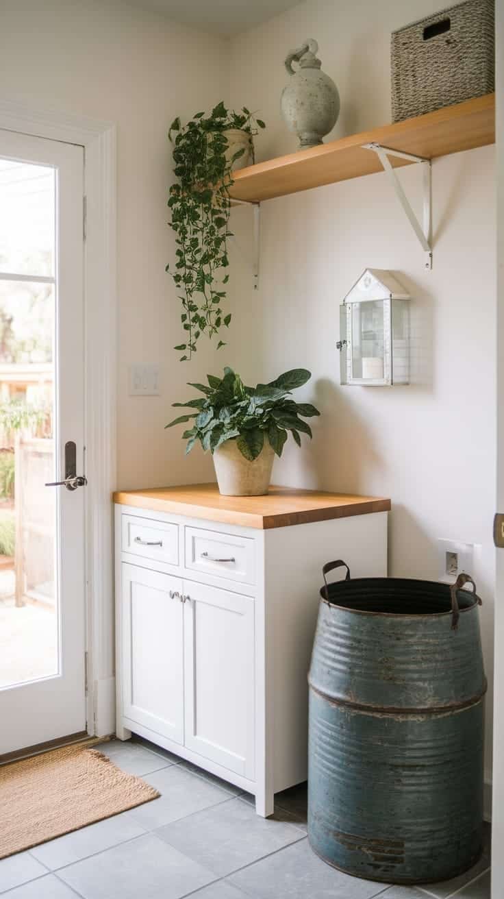 Chic_laundry_areas A chic laundry area in a small home with white cabinets a wooden countertop a green plant and a metal tub