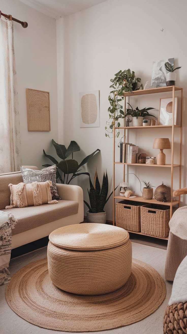 Chic_storage_solutions Chic storage solutions in a gypsy bohemian living room featuring a stylish bookshelf woven baskets and a round storage ottoman
