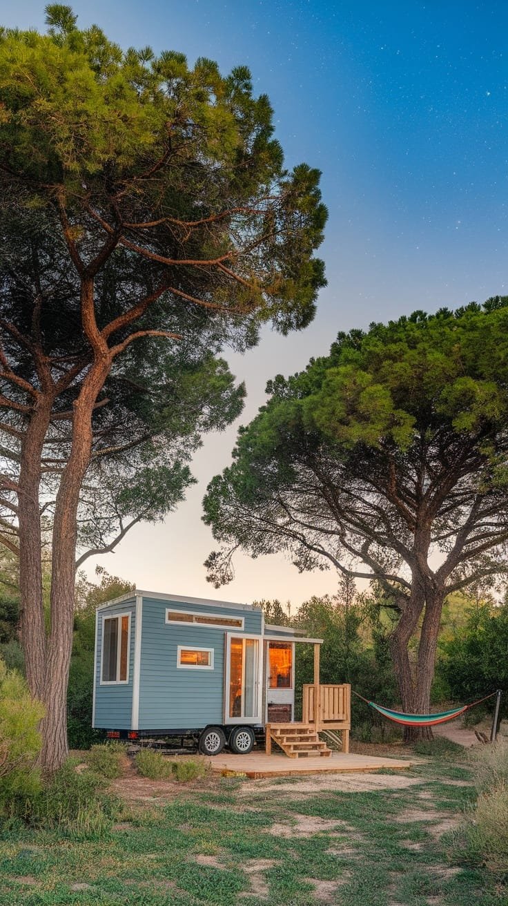 Choosing_the_right_location_for_tiny_house_camping A cozy tiny house camper surrounded by tall trees and a clear sky
