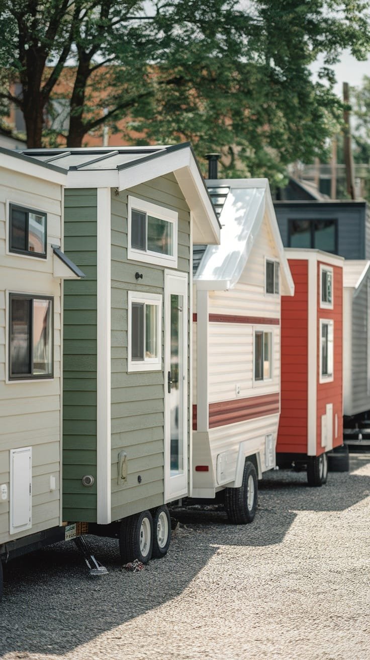 Choosing_the_right_tiny_house_on_wheels Several tiny house campers lined up showcasing different colors and styles