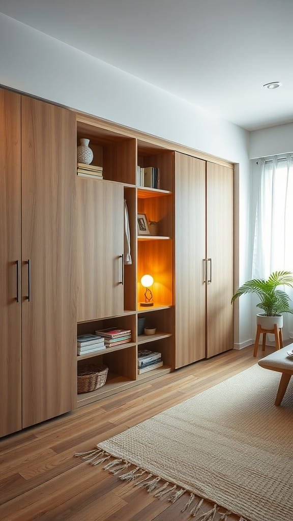 Clever_storage_solutions_in_limited_space Interior of a small Japanese apartment showing clever storage solutions with wooden cabinets and open shelves