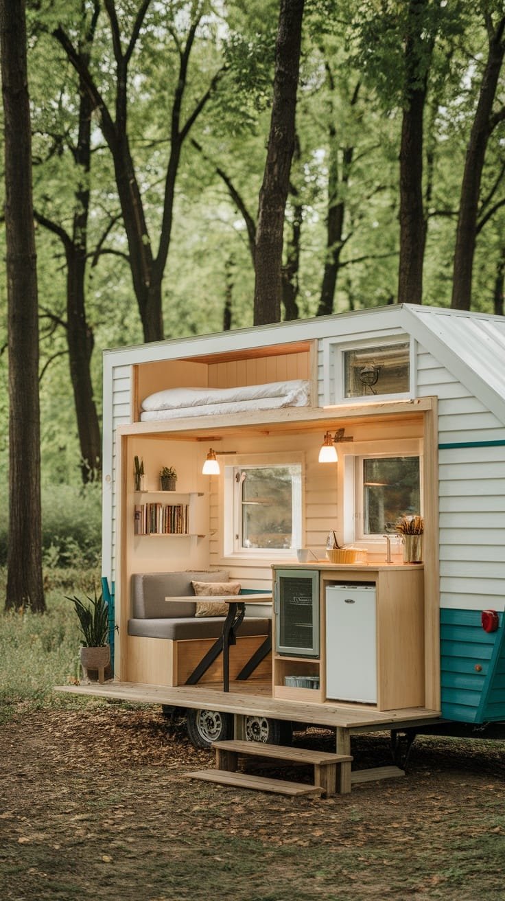 Climate_control_solutions_for_tiny_campers A tiny house camper set in a forest showcasing a cozy interior with a bed kitchen area and seating