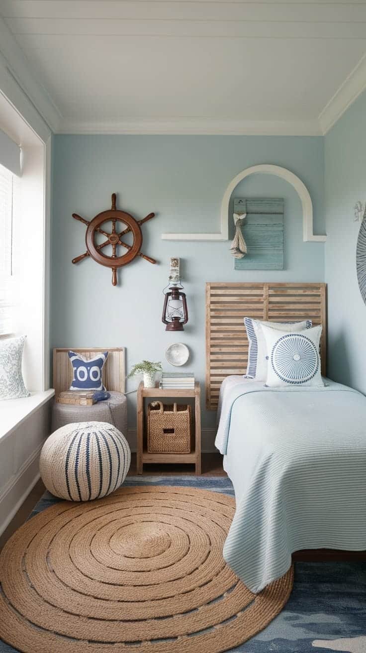 Coastalthemed_small_bedroom Coastal themed small bedroom with blue walls nautical decor and natural textures