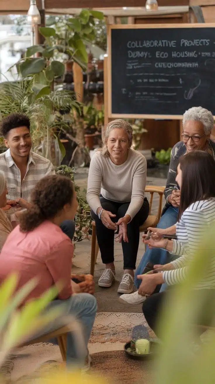 Collaborative_housing_models_in_eco_communities A diverse group of people sitting together in a cozy space engaged in a discussion about eco housing projects