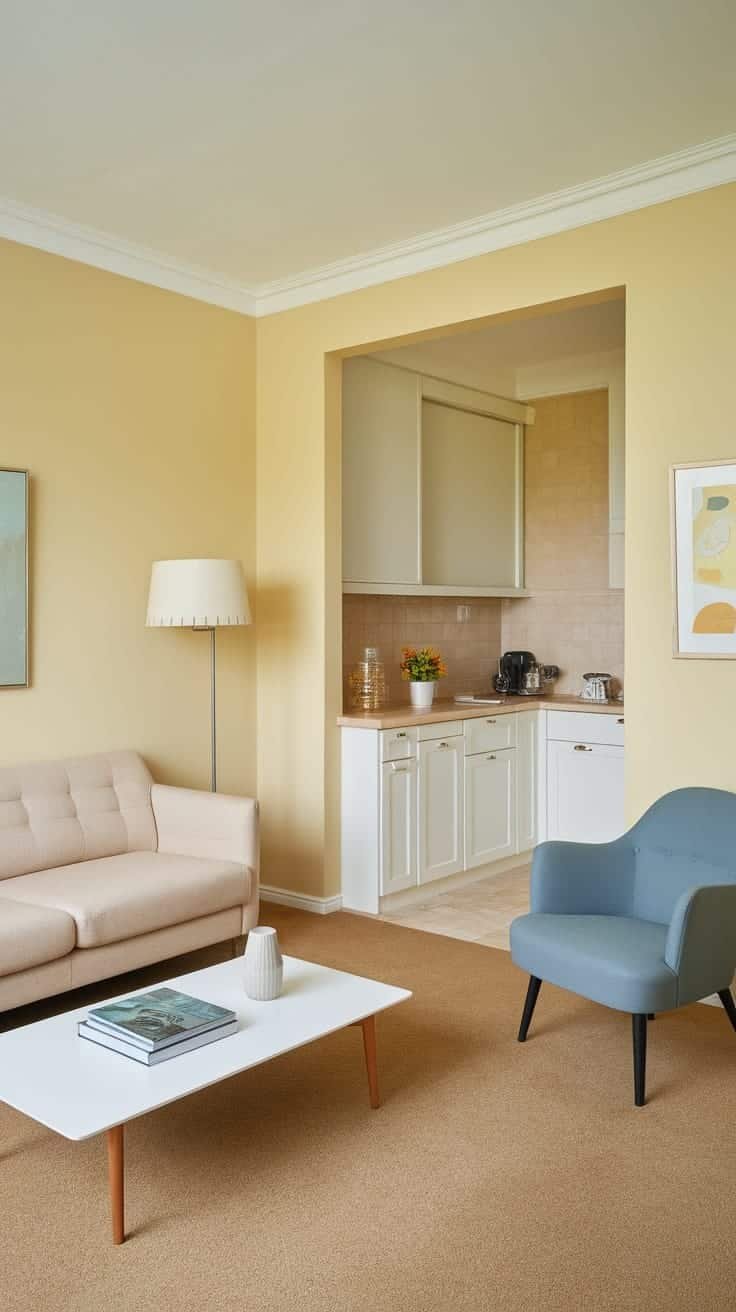 Color_palettes_for_small_homes Cozy living area of a small home featuring warm yellow walls a beige couch and a blue chair
