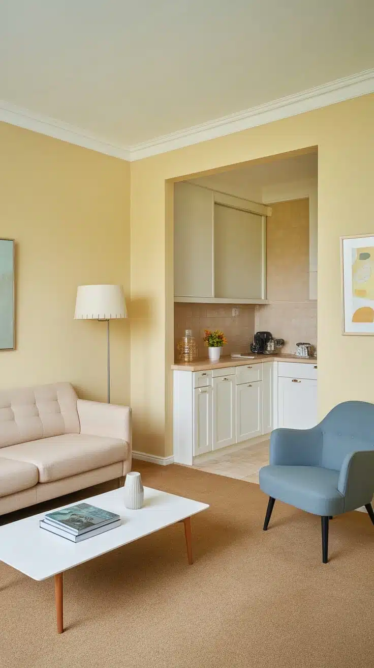 Color_palettes_for_small_homes Cozy living area of a small home featuring warm yellow walls a beige couch and a blue chair