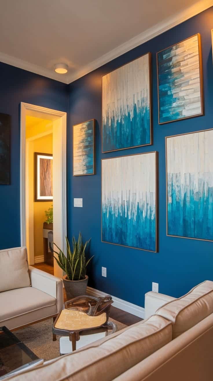 Colorful_accent_walls_1 A cozy living room with a blue accent wall adorned with colorful artwork