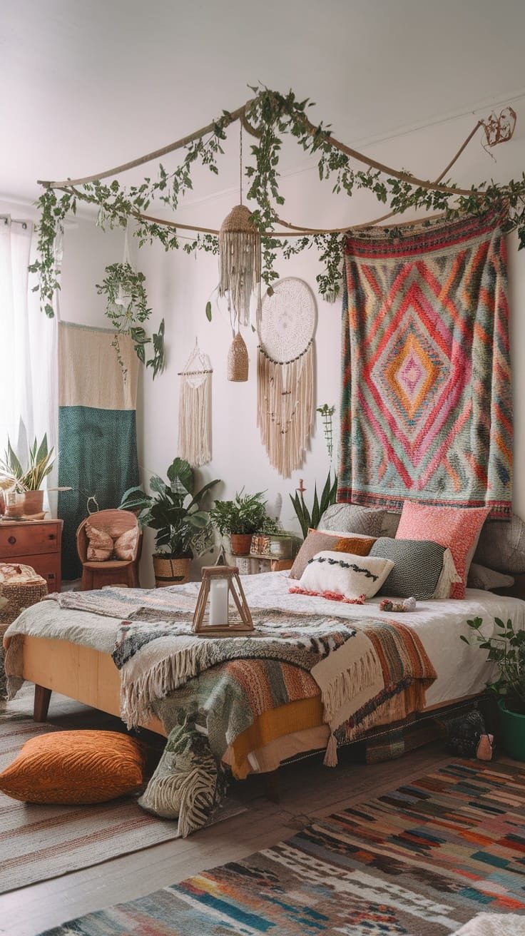 Colorful_bohemian_bedroom_design A colorful bohemian bedroom design featuring a bed with various patterned pillows a mix of textiles hanging plants and vibrant wall decor