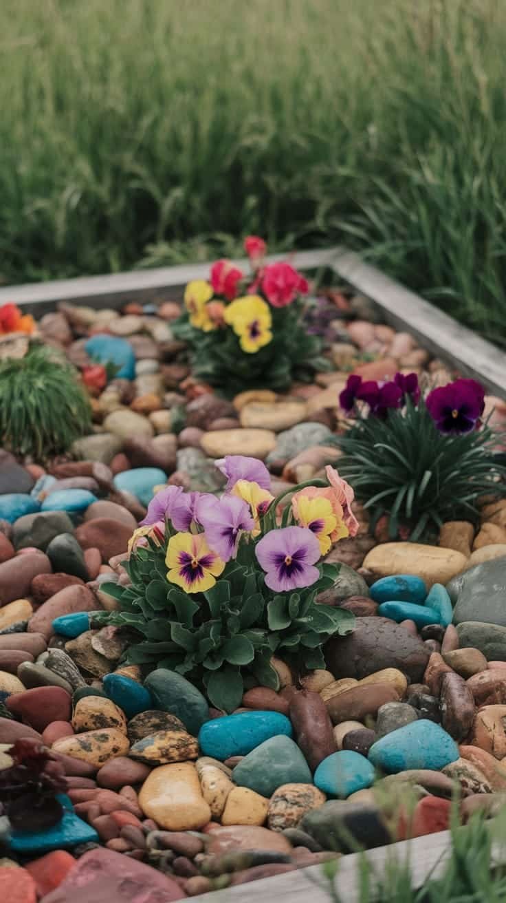 Colorful_rock_gardens Colorful flowers surrounded by decorative rocks in a small garden
