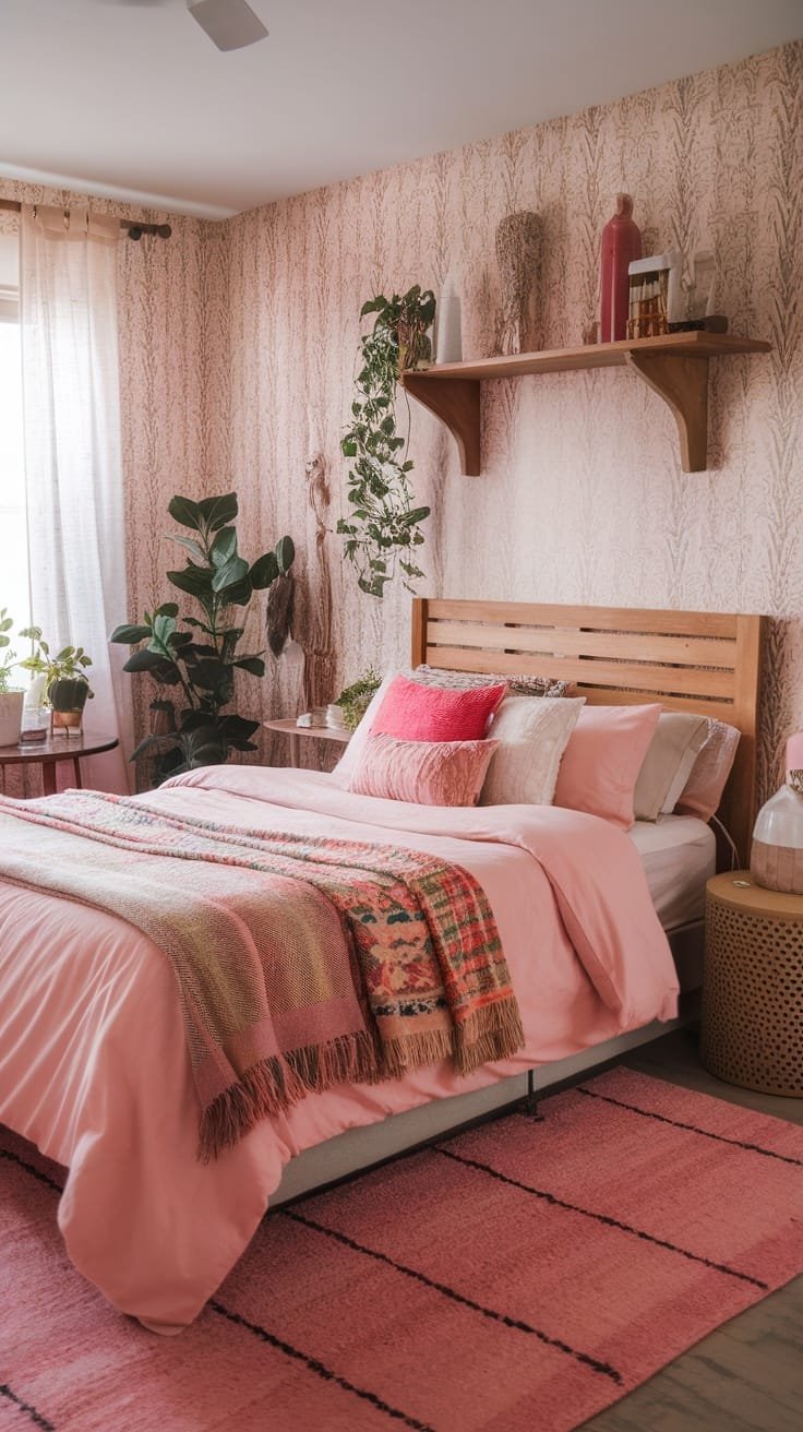 Colorful_throw_blankets A beautifully styled pink boho bedroom featuring colorful throw blankets on the bed
