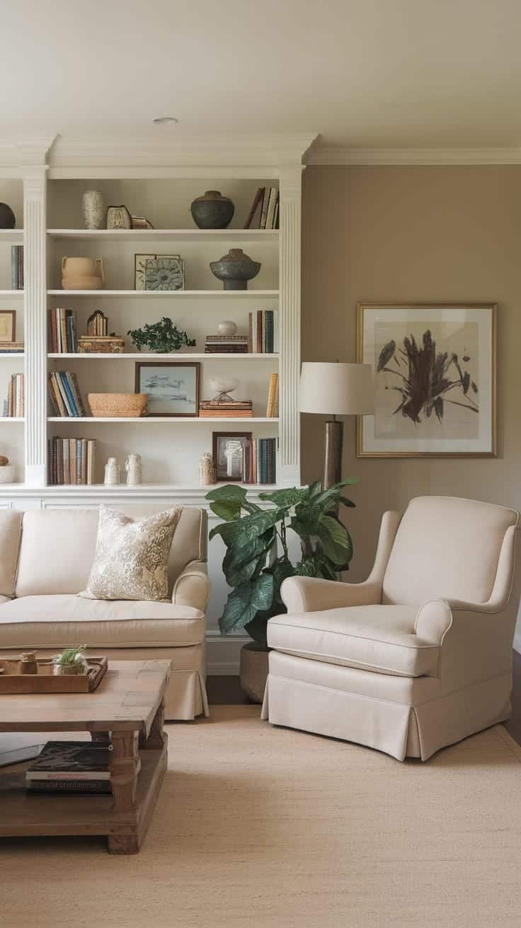 Comfortable_family_spaces Cozy living room with beige furniture bookshelves and indoor plants