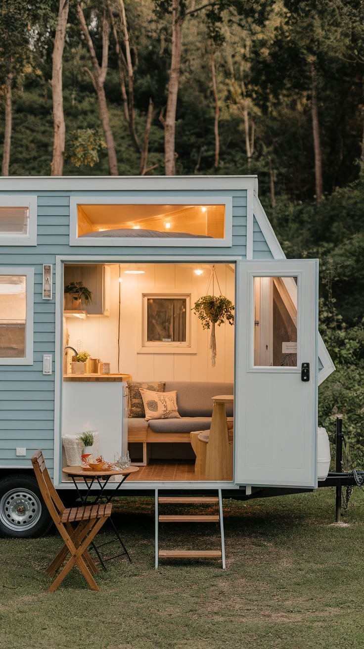 Comfortable_living_amenities_in_small_spaces A tiny house camper with an open door showcasing a cozy interior with a couch table and plants
