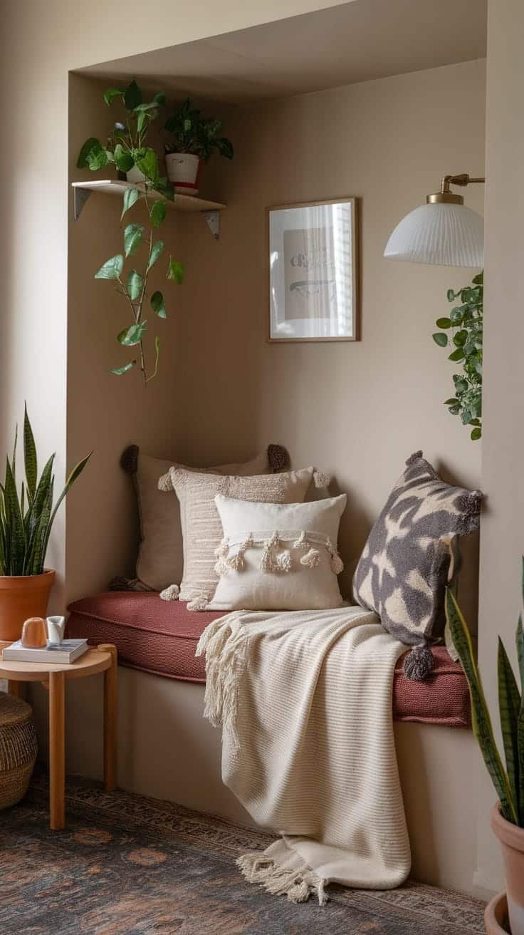 Comfortable_nooks_for_relaxation Cozy nook in a gypsy bohemian living room with cushions plants and a warm blanket